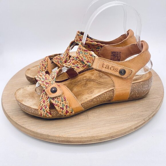 Taos Trulie Sandals Womens 7/7.5 Tan Leather Ankle Strap Orthotic Flats Peep - Picture 6 of 11